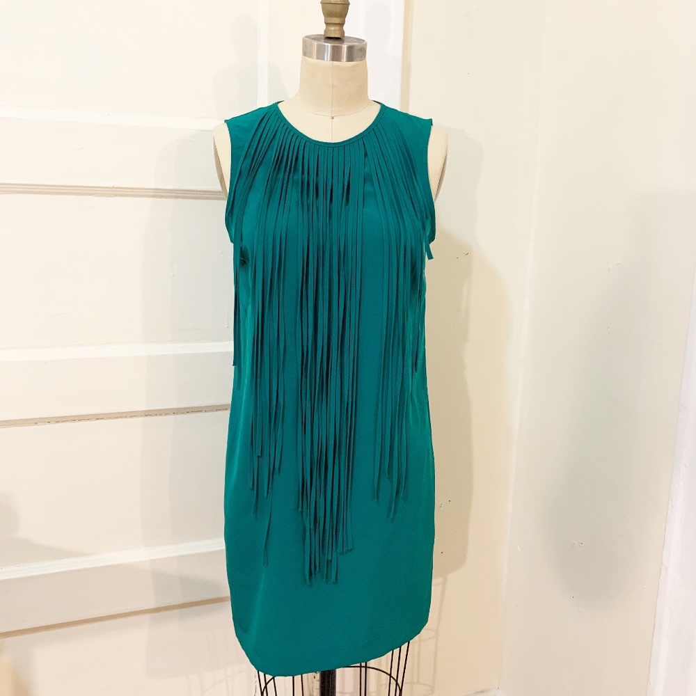 Zara Green Fringe Trim Sleeveless Shift Mini Dress